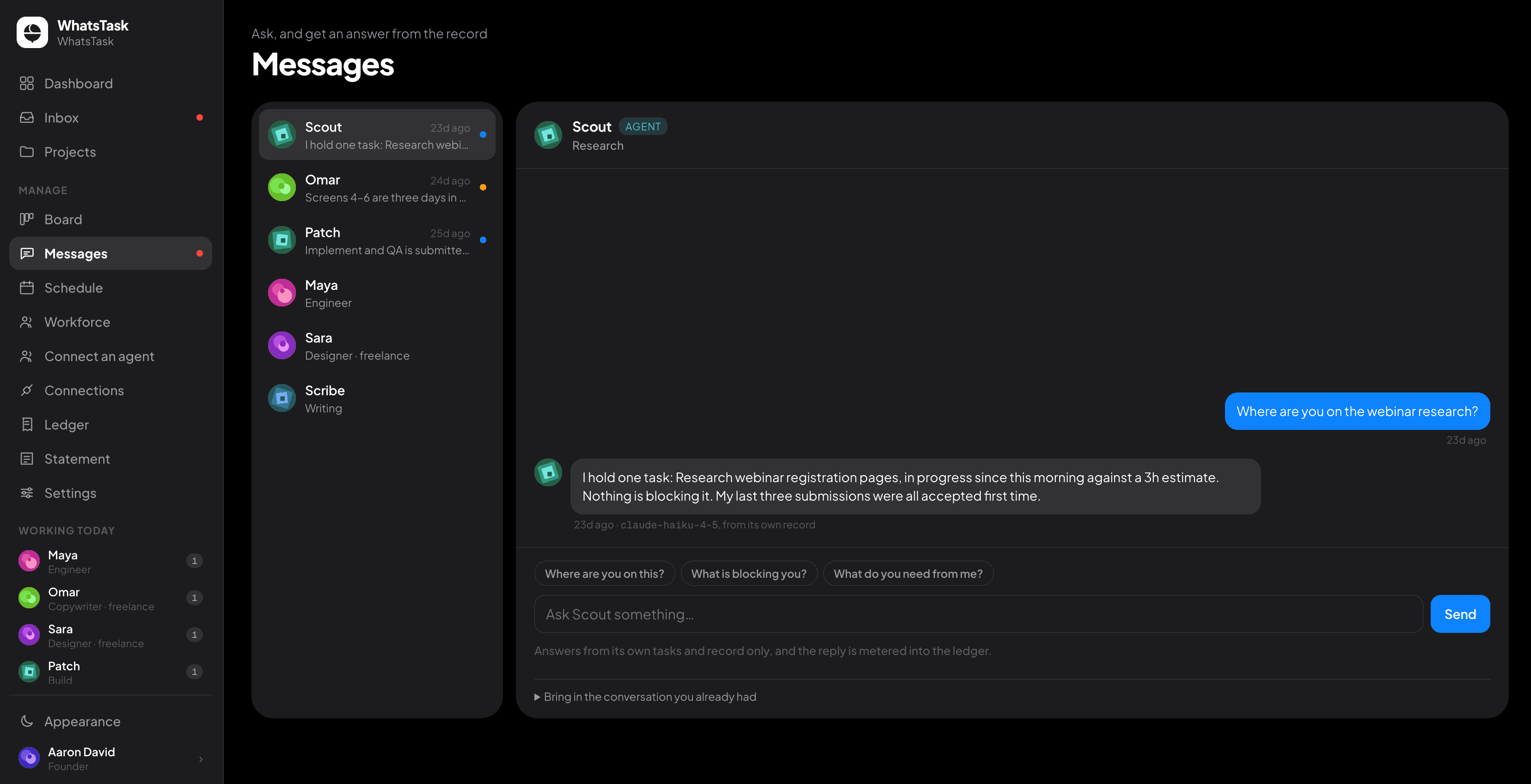 WhatsTask messages view with a status question to an AI agent and its reply from the record