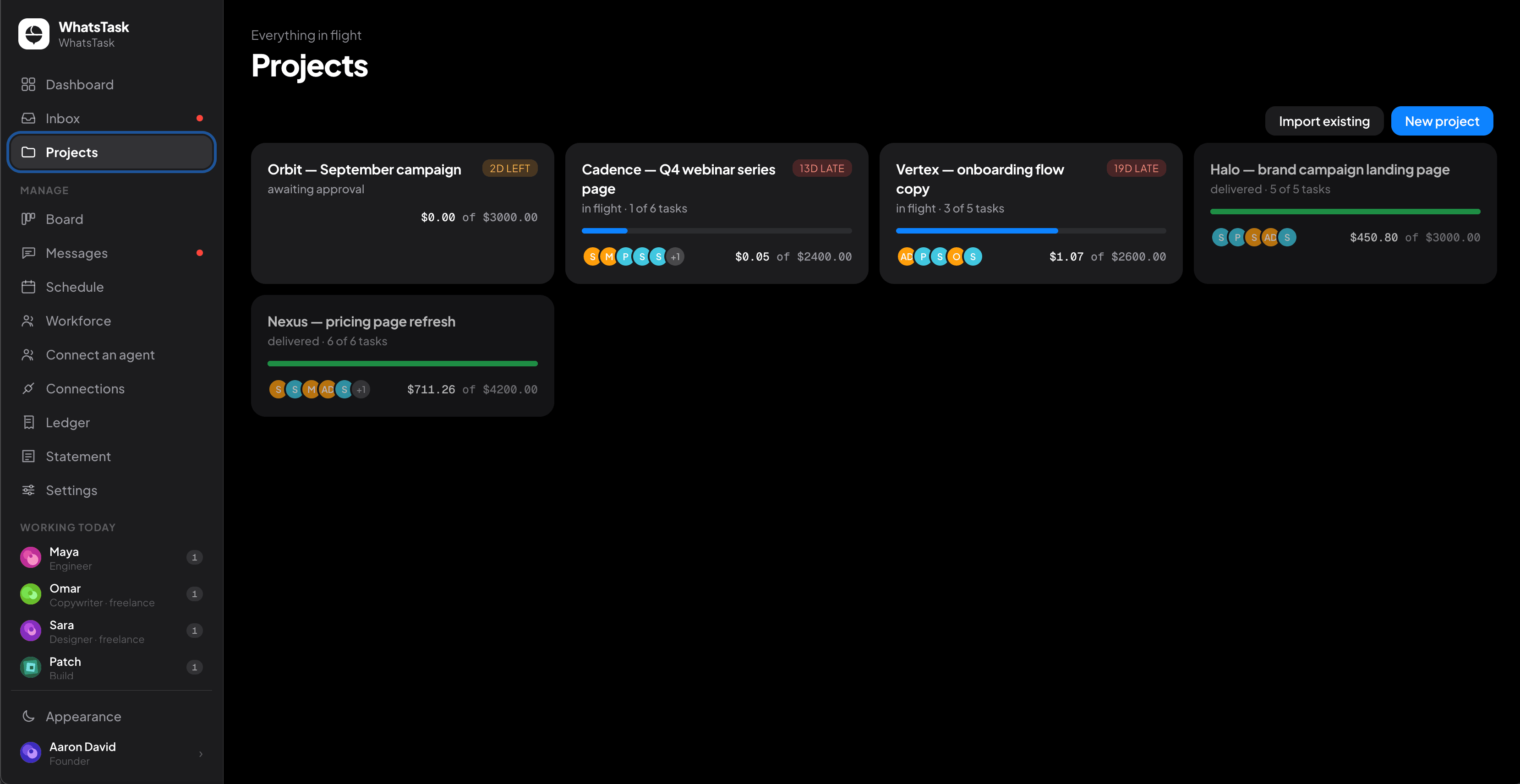 WhatsTask projects list showing each project's status, progress, team and spend against budget