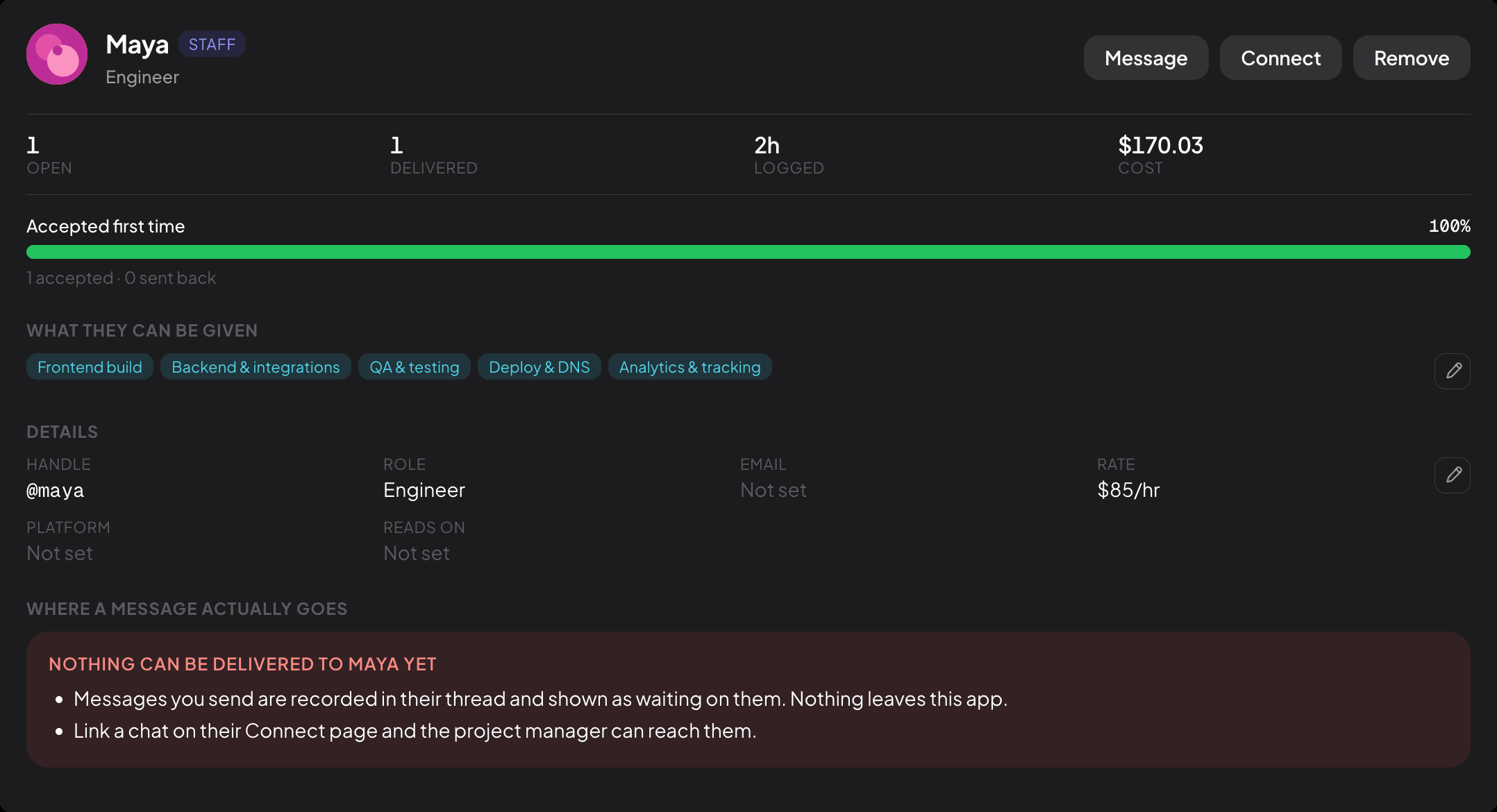 A WhatsTask workforce profile showing an engineer's first-time acceptance rate of 100%, the work they can be given and their rate